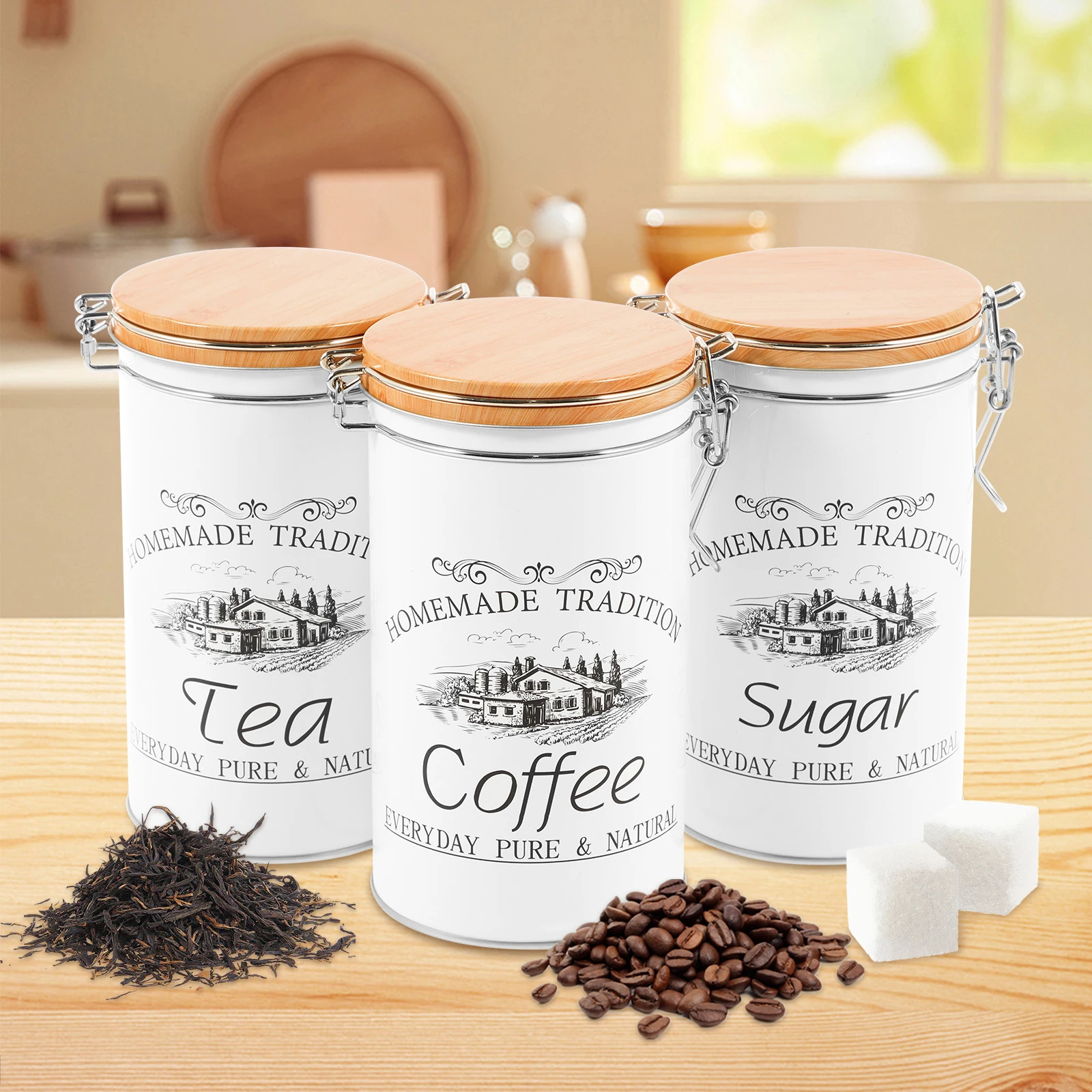 Coffee Tea Sugar Canister Set - Lot de 3 boîtes à thé,